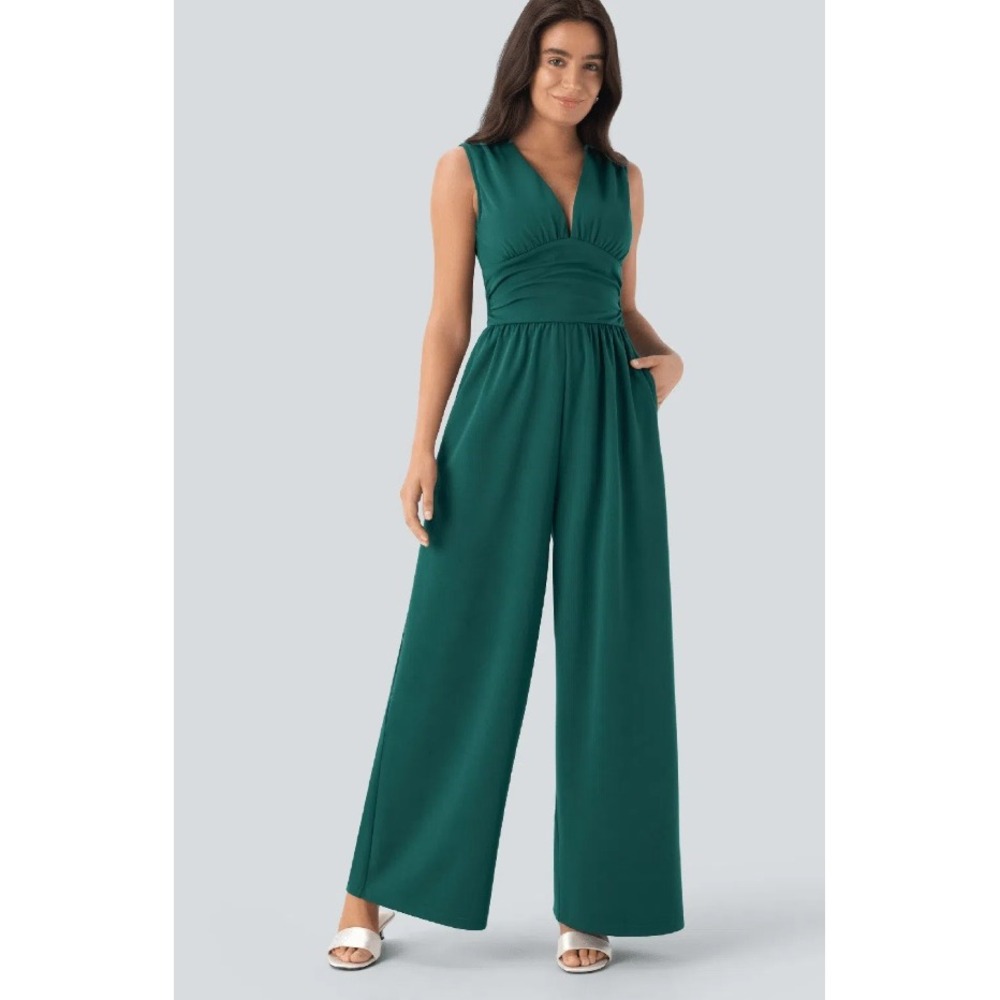 Halara Ruched Pocket Jumpsuit Green Easy Peezy Sleeveless Womens Small NWT